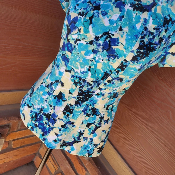 Ann Taylor Women's Size Small Floral Blouse Teal Blue Yellow Back Zip Top - Picture 5 of 9